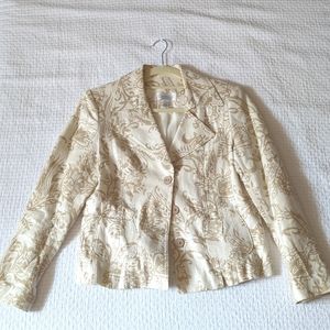 Tan & Cream Patterned Button Up Blazer with Cute Detail Buttons & Rear Bow Sz 8